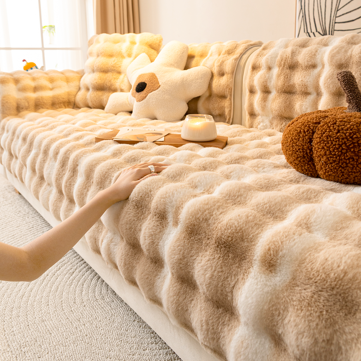 兔兔绒沙发垫冬季加厚毛绒坐垫防滑长毛绒家居感皮沙发套罩