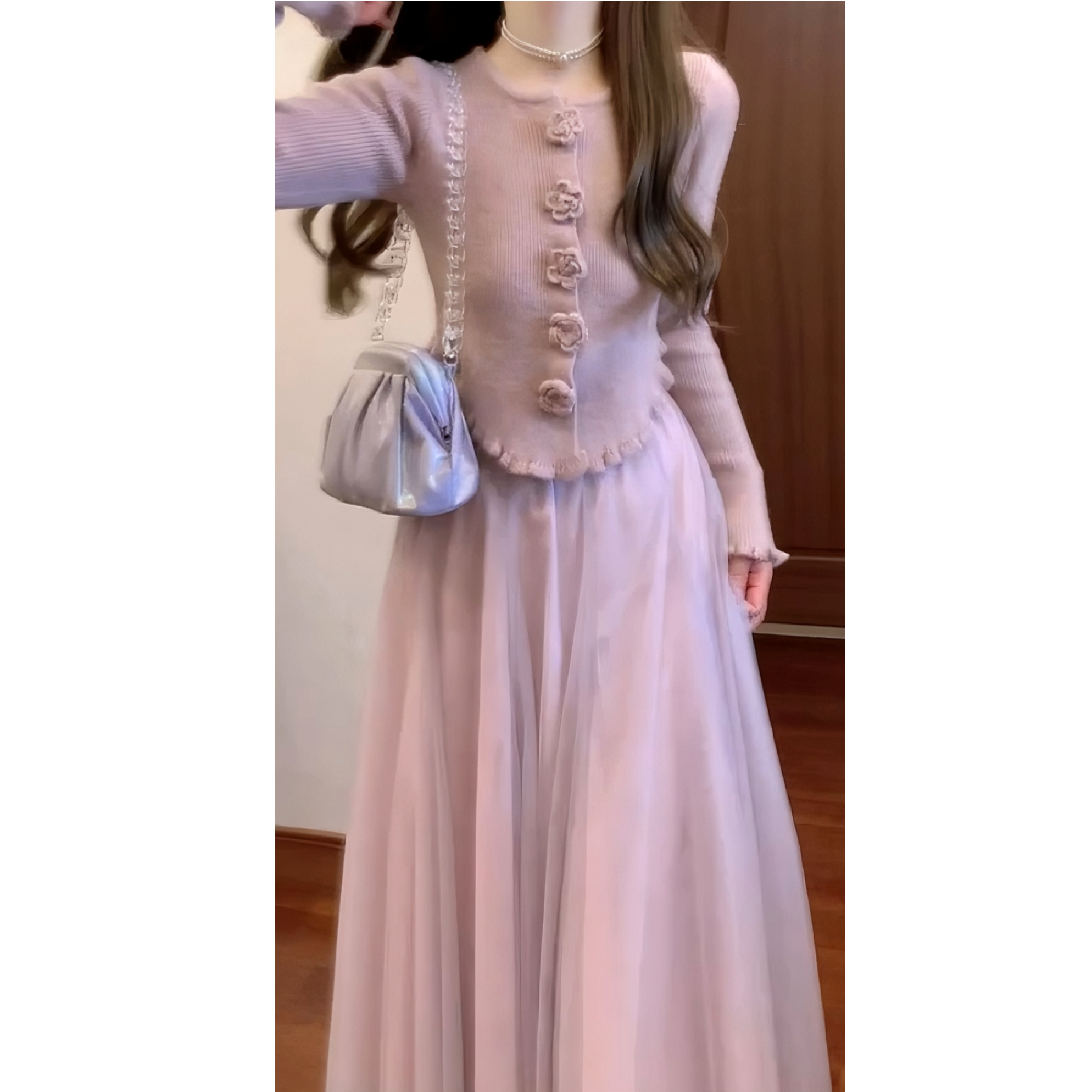 立体花朵针织衫上衣搭配网纱半身裙秋冬款法式洋气仙女两件套