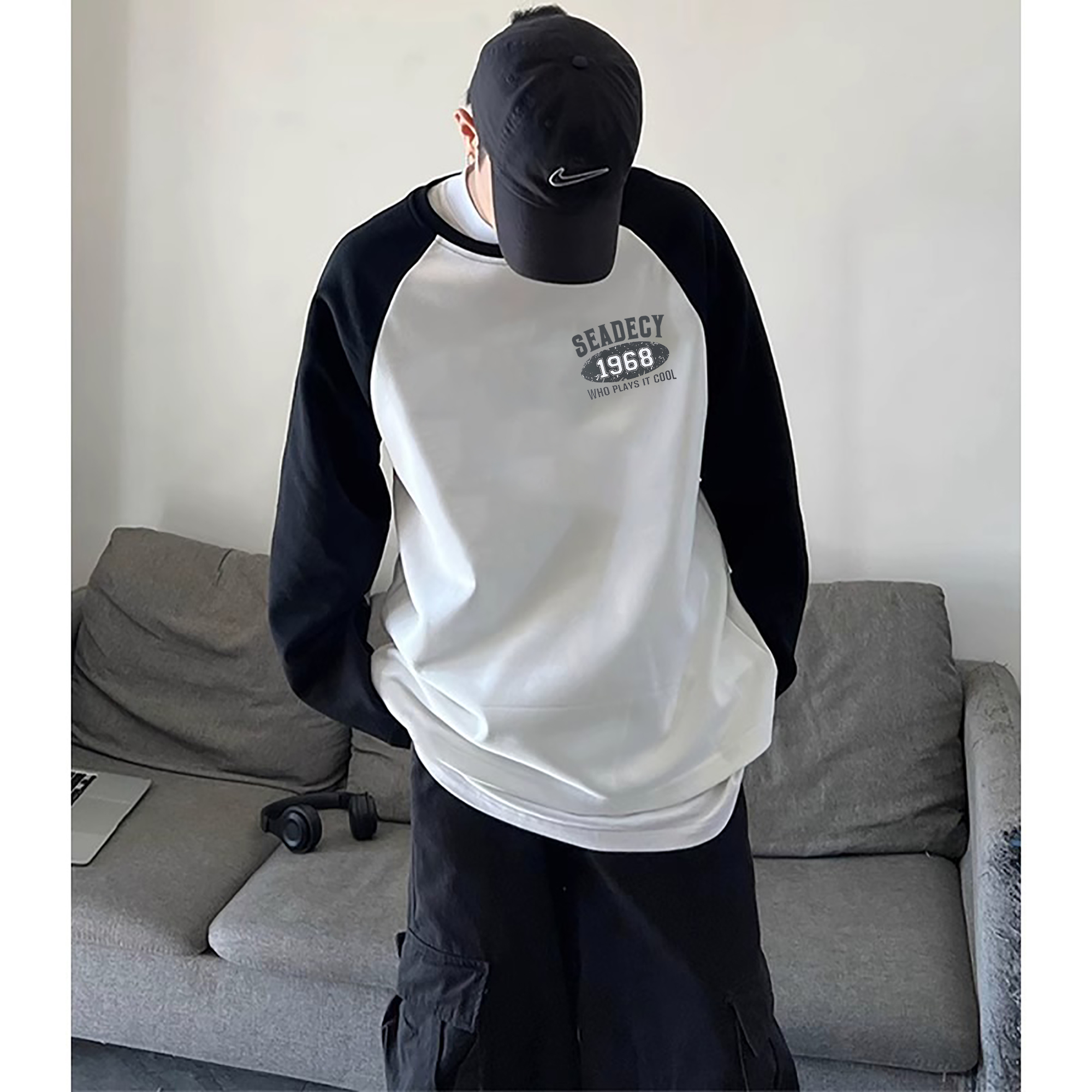 秋季街头撞色插肩纯棉内搭长袖T恤男款美式潮牌宽松拼接打底上衣