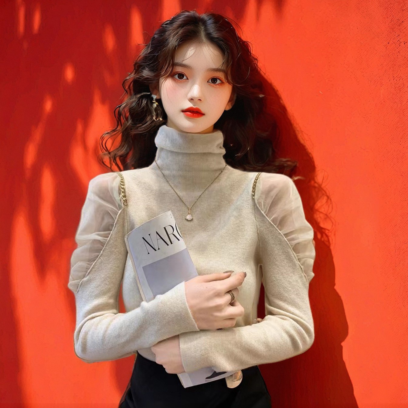 Ai图新款网纱拼接打底衫半高领洋气百搭修身针织衫秋冬冬季毛衣