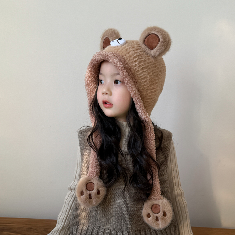 女童帽子2025新款冬季儿童毛绒帽保暖防寒秋冬季女孩毛线帽一体帽