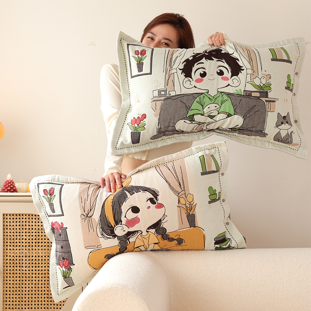 按扣式纯棉纱布枕套一对48*74加厚学生成人透气吸汗枕头芯套家用