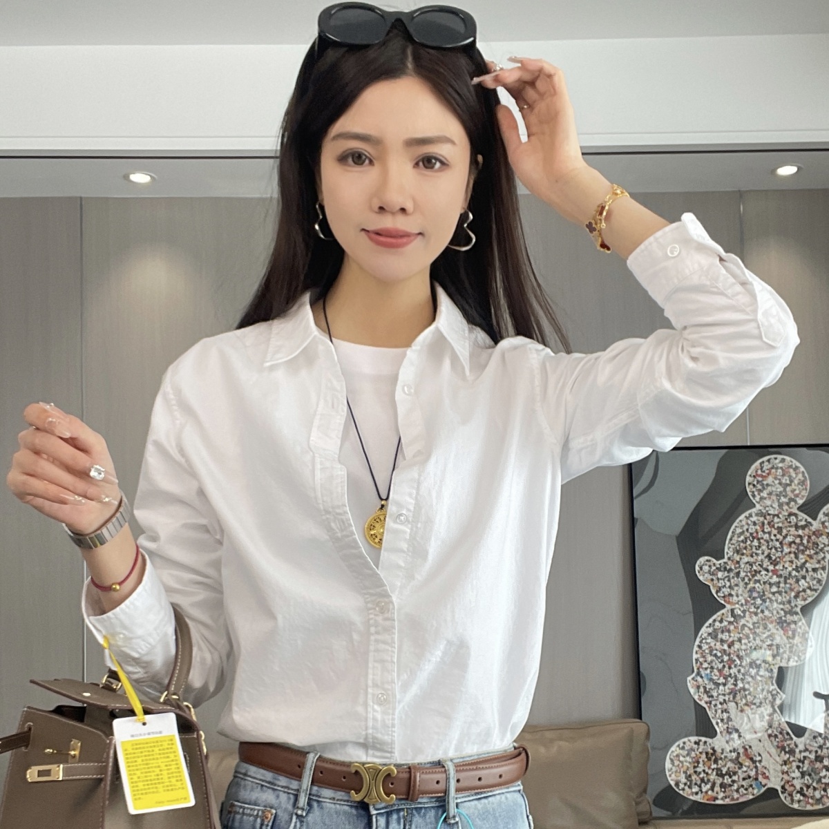 「女款」简约时尚休闲百搭气质宽松白衬衫女长袖白色商务工装纯棉