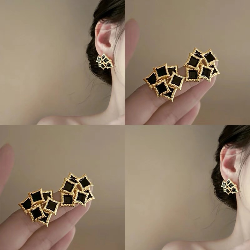 合金耳饰 黑夜白昼~法式复古金属滴釉方形耳环轻奢高级感小众耳钉