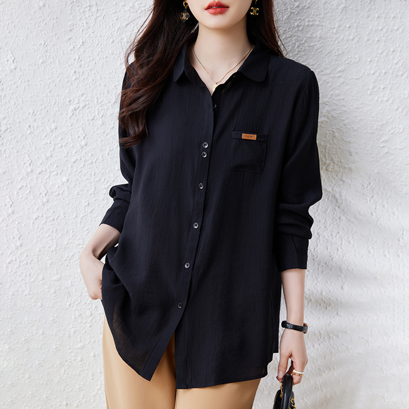 2025秋季新款洋气黑色衬衫女长袖宽松设计小众翻领休闲时尚上衣