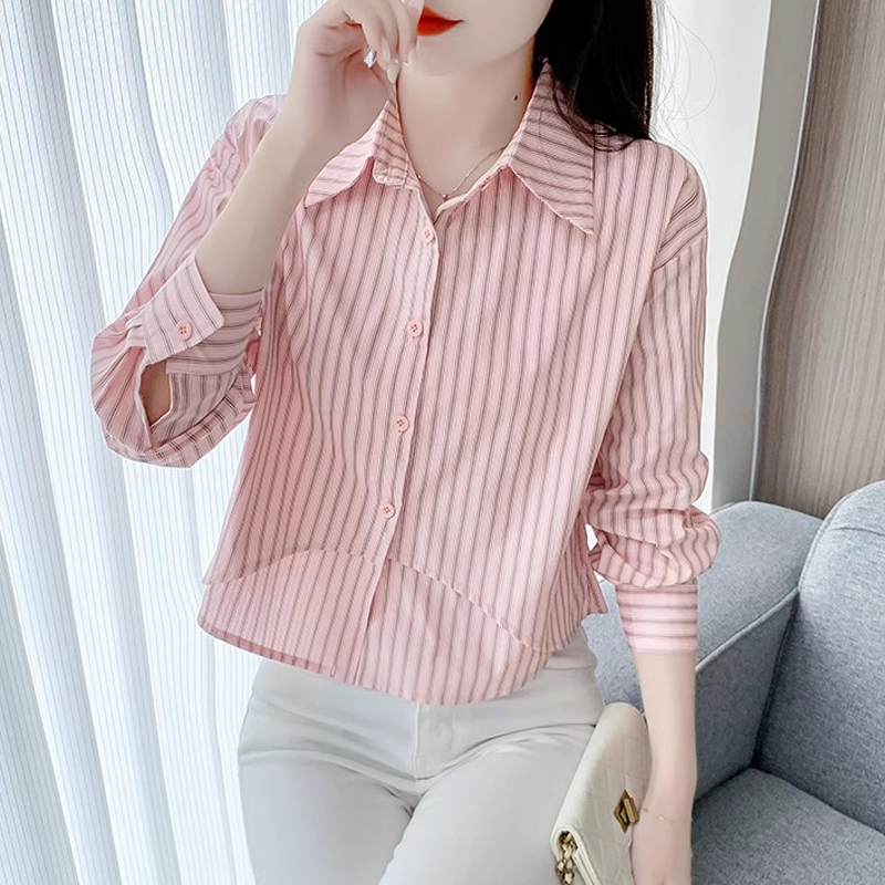 202春季新款时尚竖条纹衬衫女长袖小个子拼接设计感别致短款上衣