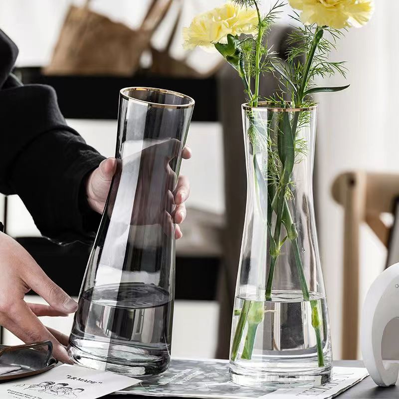欧式新款创意收腰玻璃花瓶古典简约风大尺寸插花花瓶客厅吧台摆件