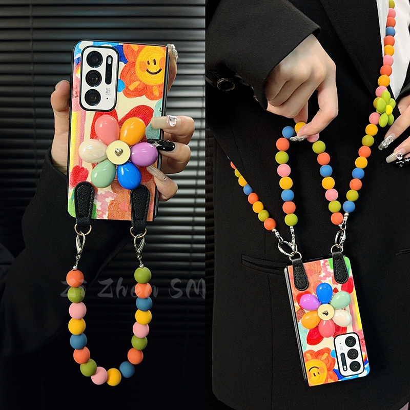 适用oppofindn手机壳新款findn套oppo皮质涂鸦花朵支架带挂绳女款