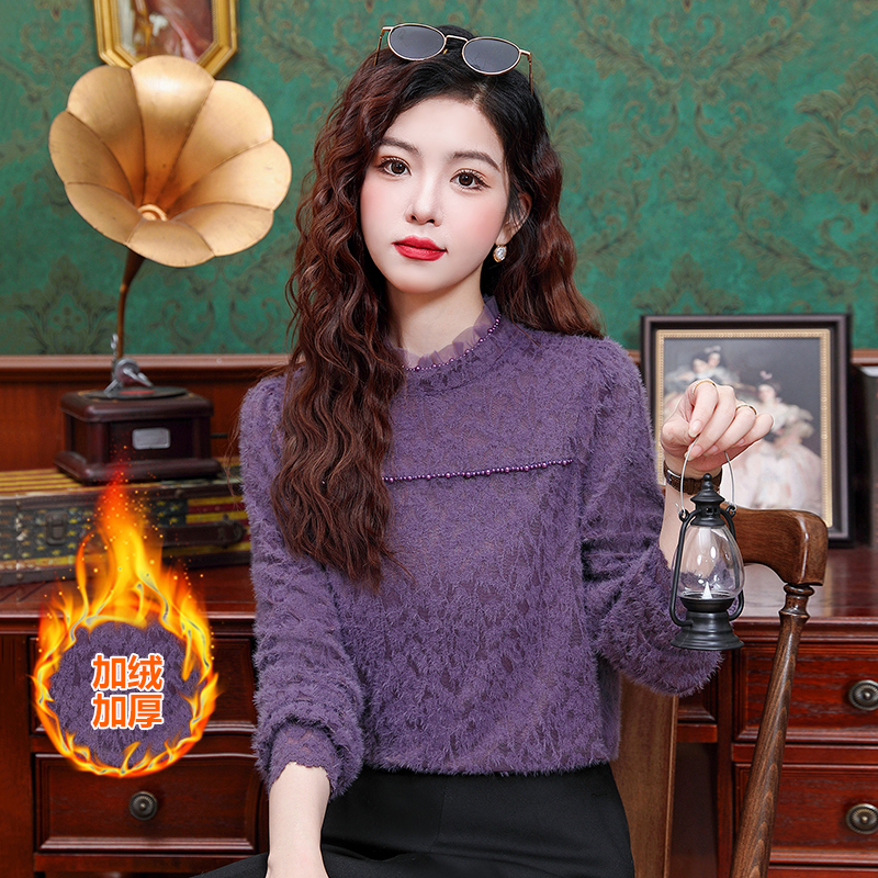 木耳边立领珠饰加绒加厚磨毛蕾丝衫长袖打底衫上衣小衫女秋冬内搭