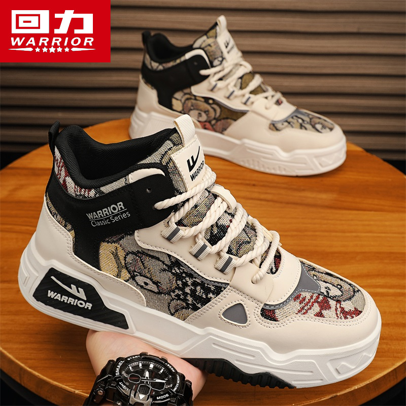 回力高帮男鞋2025冬季新款小熊潮鞋刺绣青年运动休闲百搭厚底板鞋