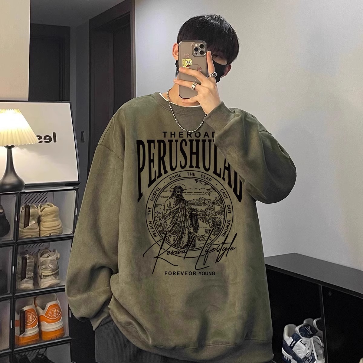 大码80-300斤仿真麂皮绒卫衣圆领美式男春秋重磅高街潮牌复古外套