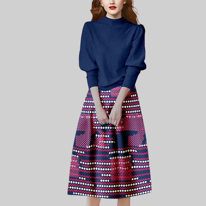 温柔风气质蓝粉色套装女2025秋装新款泡泡袖上衣印花半身裙两件套