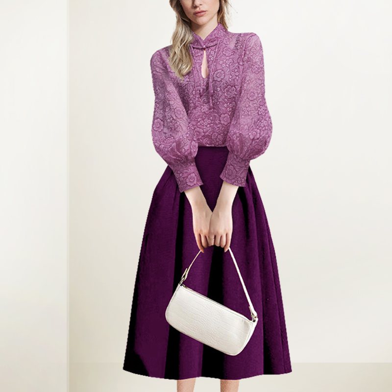 洋气别致复古套装秋装女2025年新款紫色印花衬衫大摆半裙两件套搭