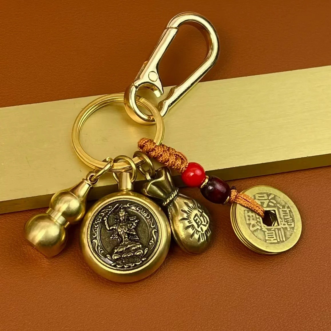 黄铜十二生肖八大守护转转手把件复古汽车钥匙扣挂件纯铜葫芦挂件