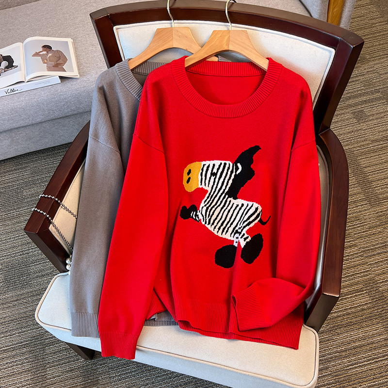 大码女装300斤胖MM秋冬圆领卡通提花宽松休闲毛针织衫8537