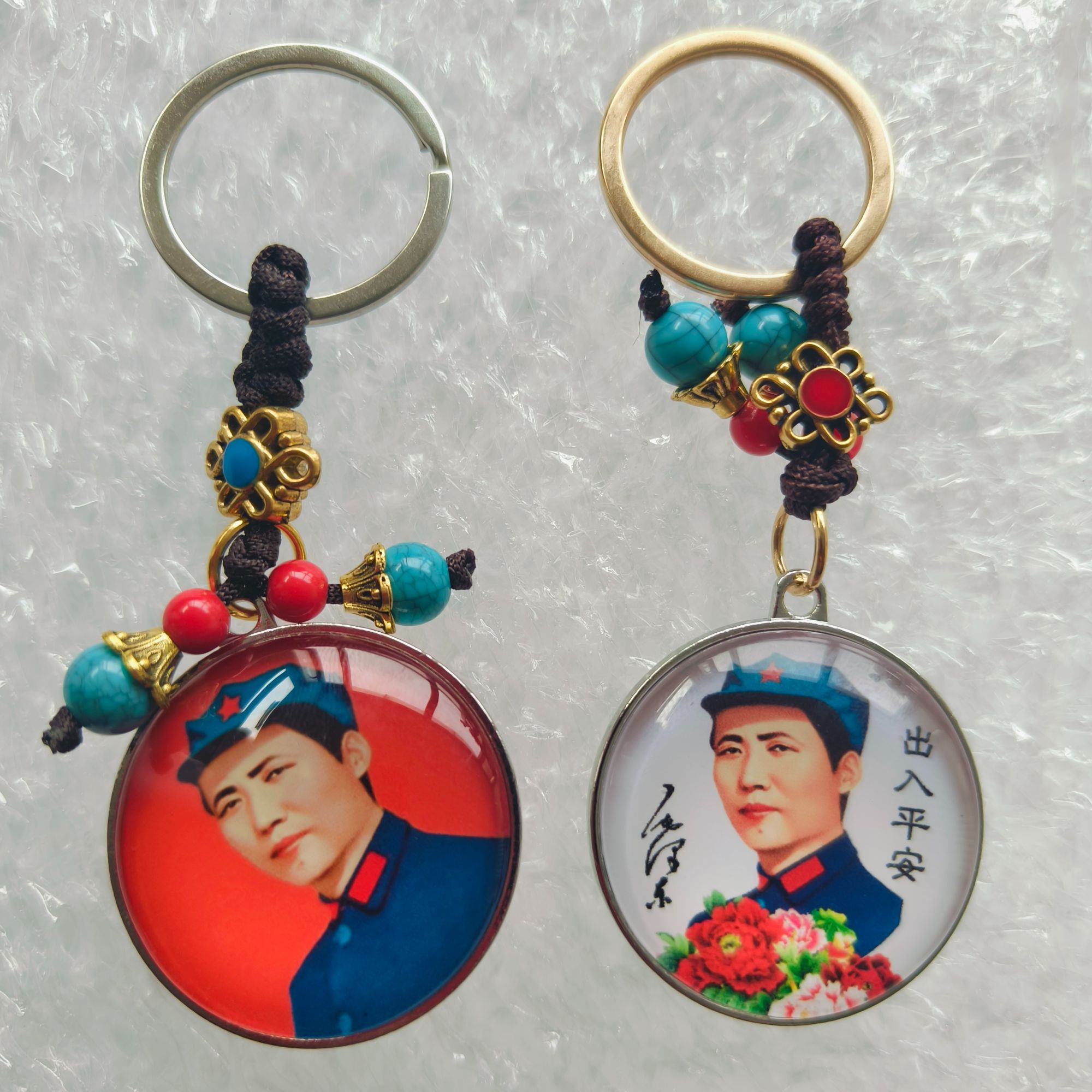 新款复古合金双面毛主席钥匙扣红色军旅创意水晶玻璃毛爷爷挂件