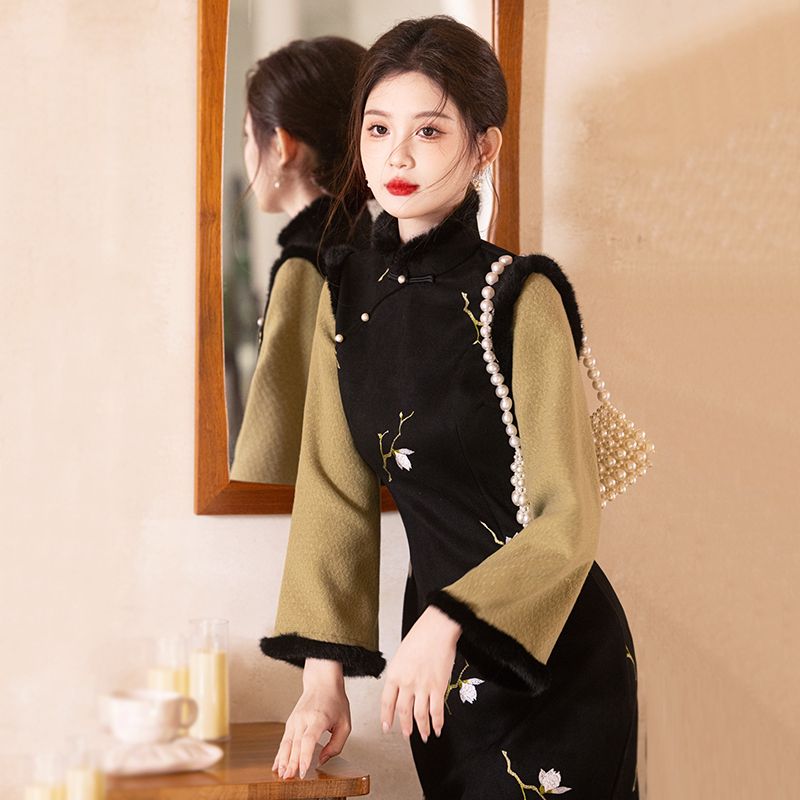 年轻款百搭加绒倒大袖旗袍冬款2025新款高端修身新中式日常通勤穿