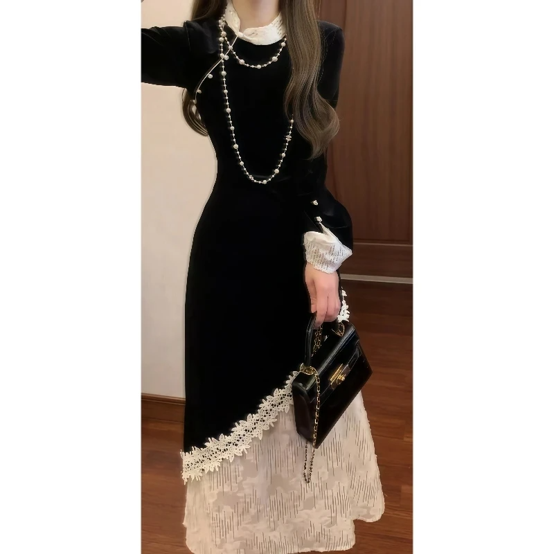 新中式连衣裙女秋冬蕾丝拼接显瘦长裙2025新款气质复古旗袍