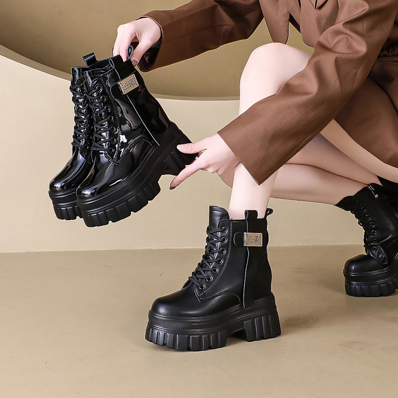 内增高马丁靴女2025新款冬季加绒黑色时尚短靴小个子厚底高跟女靴