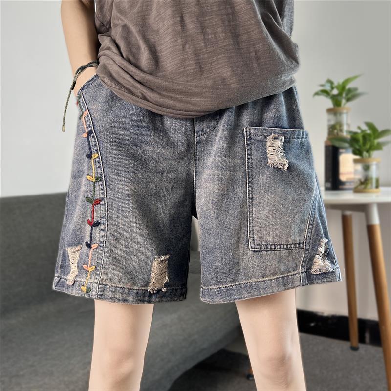 复古牛仔短裤女夏季新款刺绣破洞大码五分裤松紧腰宽松显瘦哈伦裤