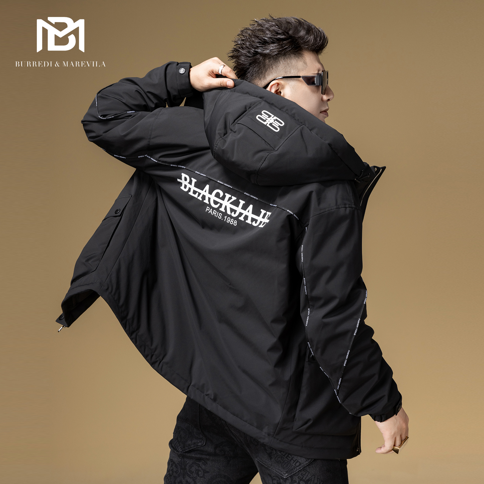 BM高端羽绒服男2023新款爆款冬季字母辑线装饰工装外套男连帽上衣