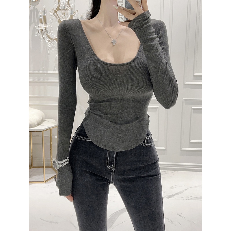 秋冬新款纯色大U领显胸打底衫简约修身内搭纯欲收腰长袖T恤上衣女