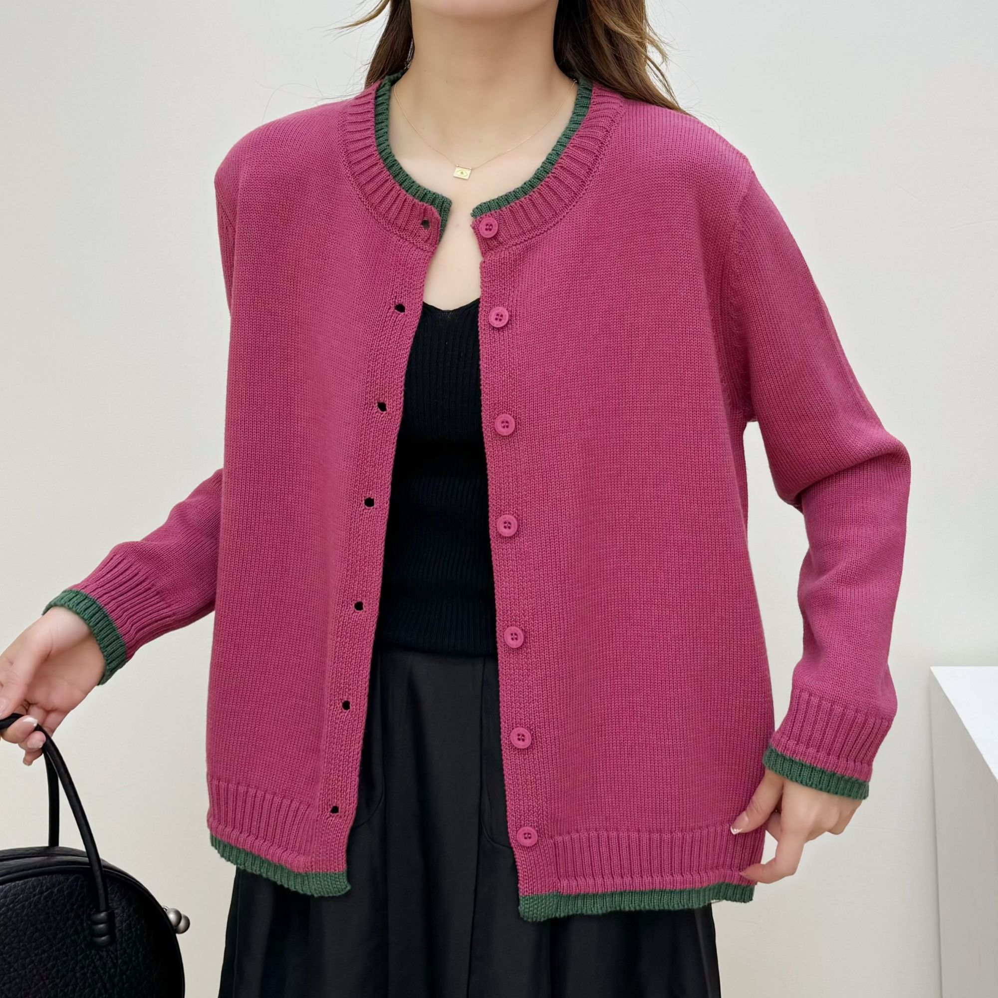 拼色假两件圆领复古棉线女士春秋宽松百搭时尚气质长袖针织衫外套