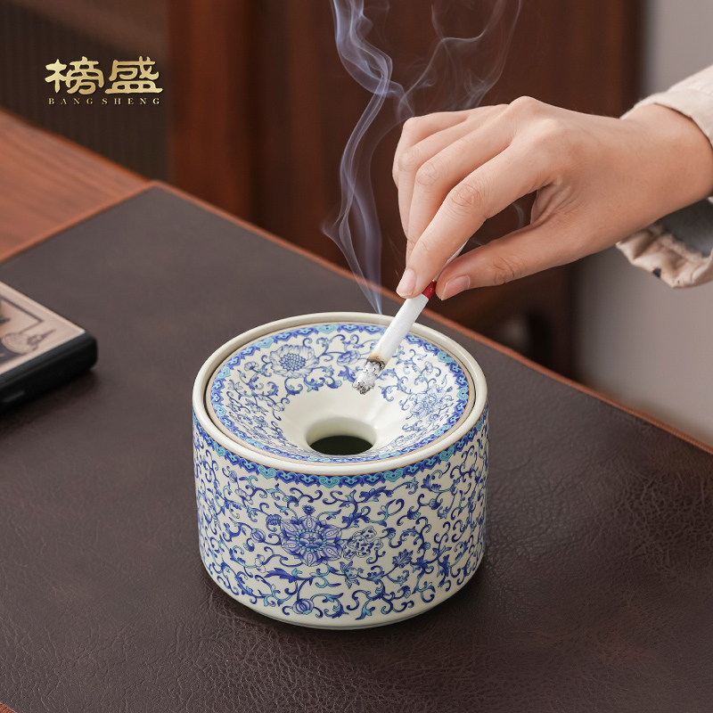 榜盛汝窑青花缠枝莲漏斗式烟灰缸带盖防飞灰家用客厅高级感烟缸