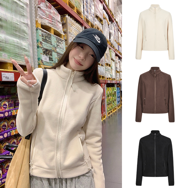 MosesQueen/魔西女王德绒卫衣女短款立领外套女新款修身拉链开衫