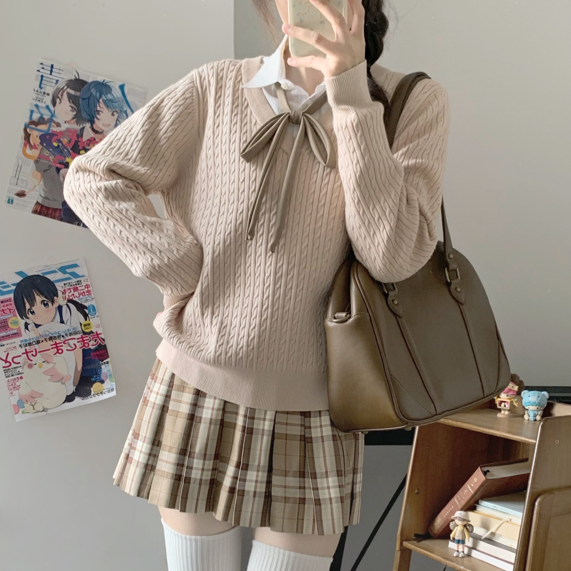 【暮云秋】+毛衣套装新款TR面料美拉德棕色咖格 原创校供JK制服格裙