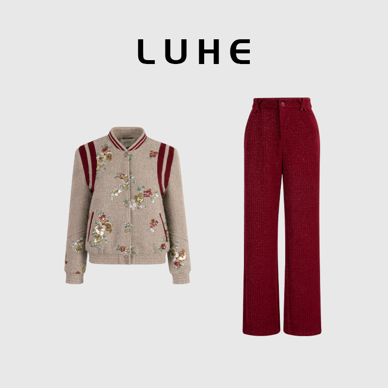 LUHE【古堡红茶】hehe私服~重工珠片绣撞色羊毛羽绒服+灯芯绒裤