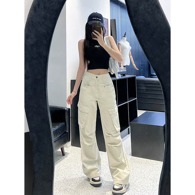 175高个子2024春夏米白色高腰直筒休闲裤女显瘦多口袋拖地工装裤