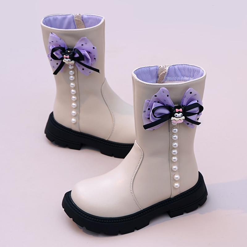 女童真皮马丁靴高筒靴加绒软底公主靴儿童皮靴小女孩中筒女童靴