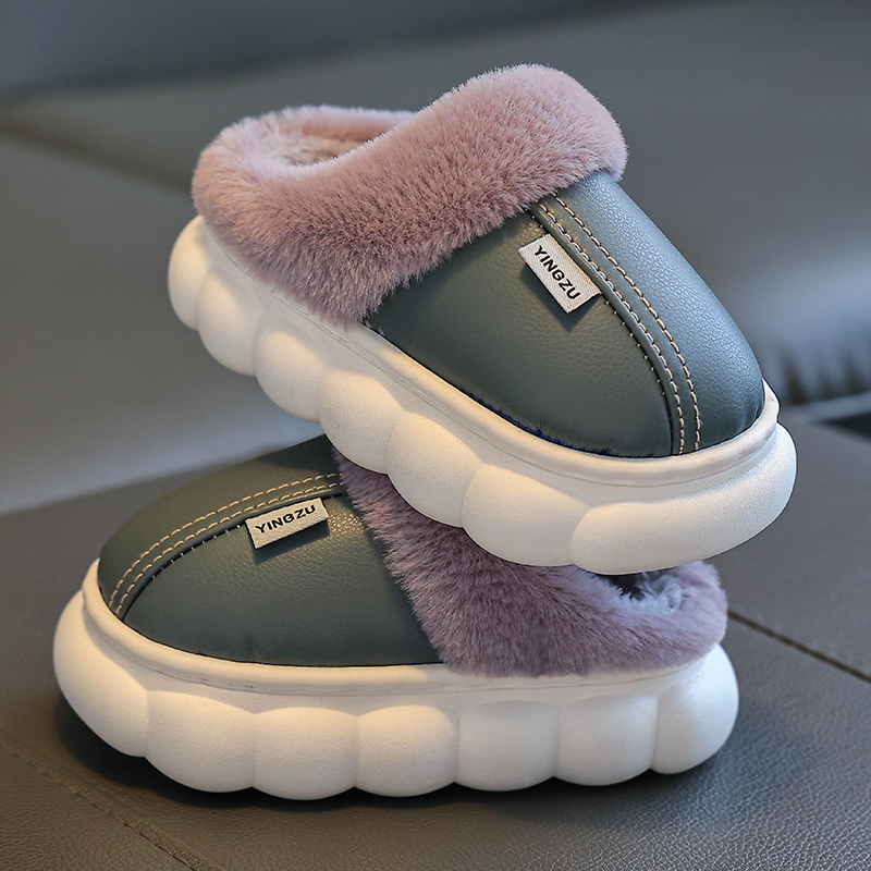 儿童棉拖鞋皮质PU防水防滑秋冬季加厚防滑软底亲子室内外棉鞋