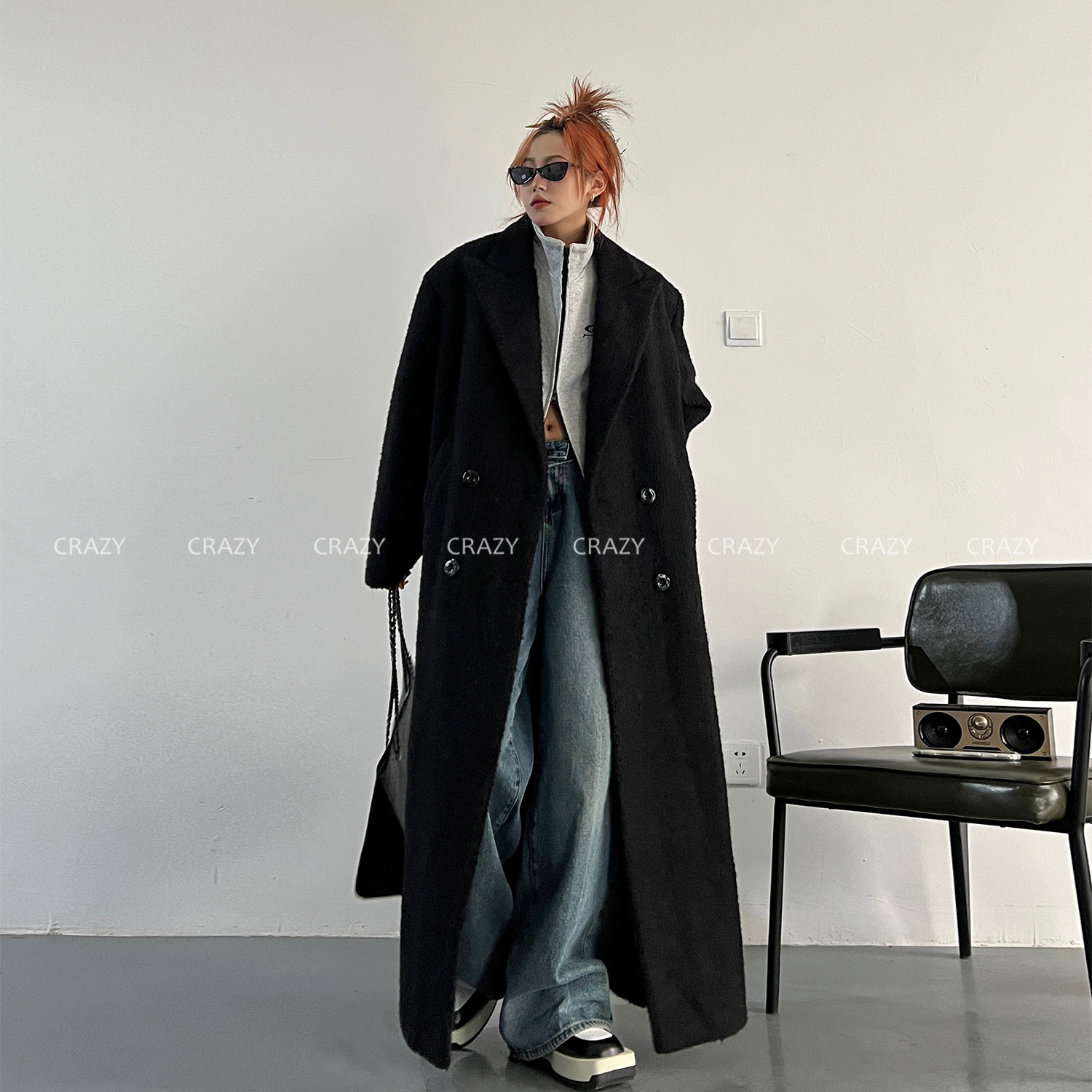 秋冬赫本英伦风加厚黑色宽松加长款绒绒毛呢大衣毛茸茸风衣外套女