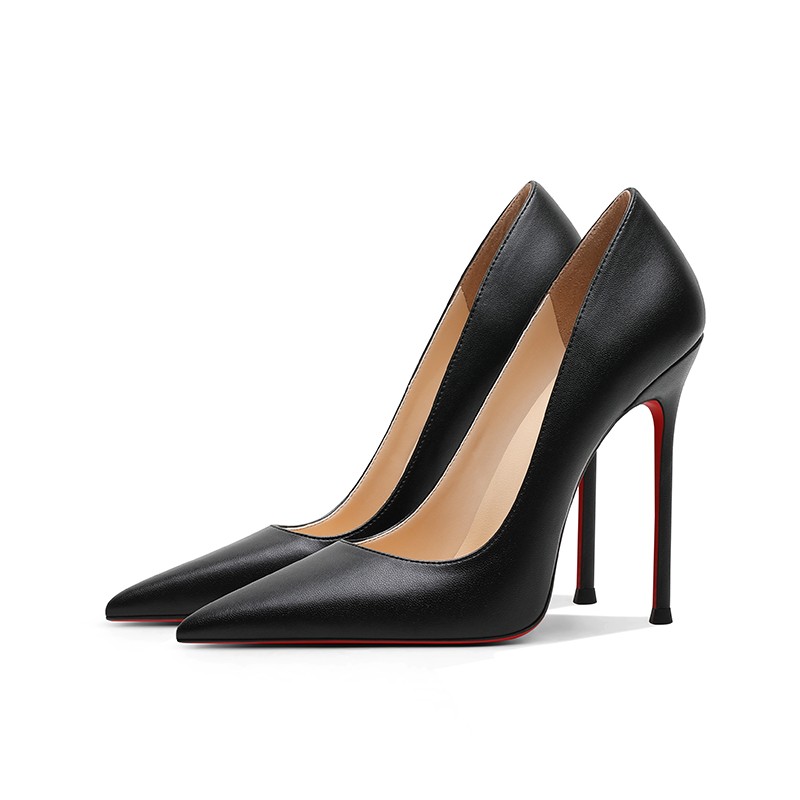 黑色羊皮高跟鞋女细跟2025四季新款时尚白搭气质尖头性感红底单鞋
