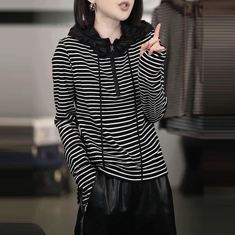 秋季半开领黑白条纹撞色设计高级感卫衣休闲时尚显瘦连帽长袖上衣