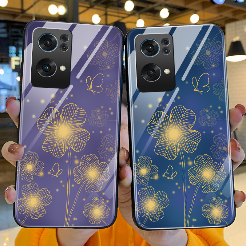opporeno7手机壳新款reno7pro幸运花朵玻璃壳reno7se硅胶软壳OPPO