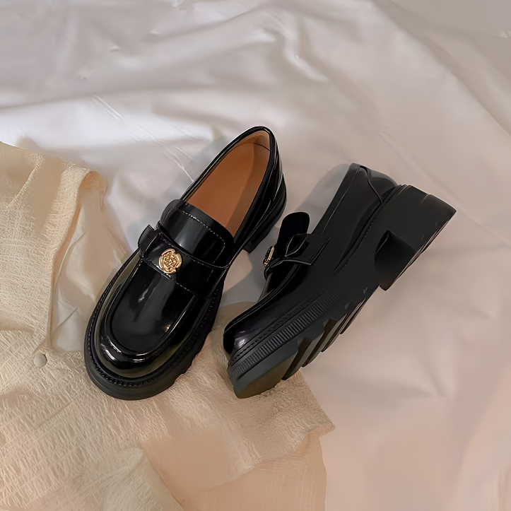 【现货】厚底6cm山茶花精致乐福鞋2024年新款黑色小皮鞋英伦风单鞋