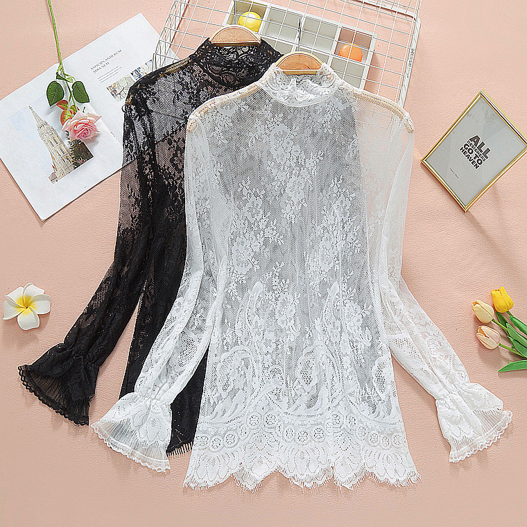 蕾丝打底衫女2025秋装新款韩版小衫长袖春秋洋气镂空内搭网纱上衣