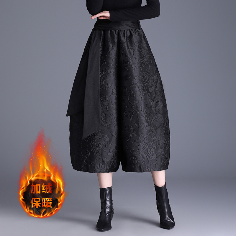 提花加绒阔腿裤女士小个子秋冬装妈妈外穿宽松洋气九分灯笼花苞裤