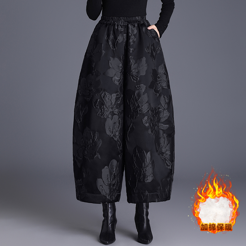高腰浮雕提花花苞裤棉裤女加棉裤保暖九分中国风阔腿裤加厚灯笼