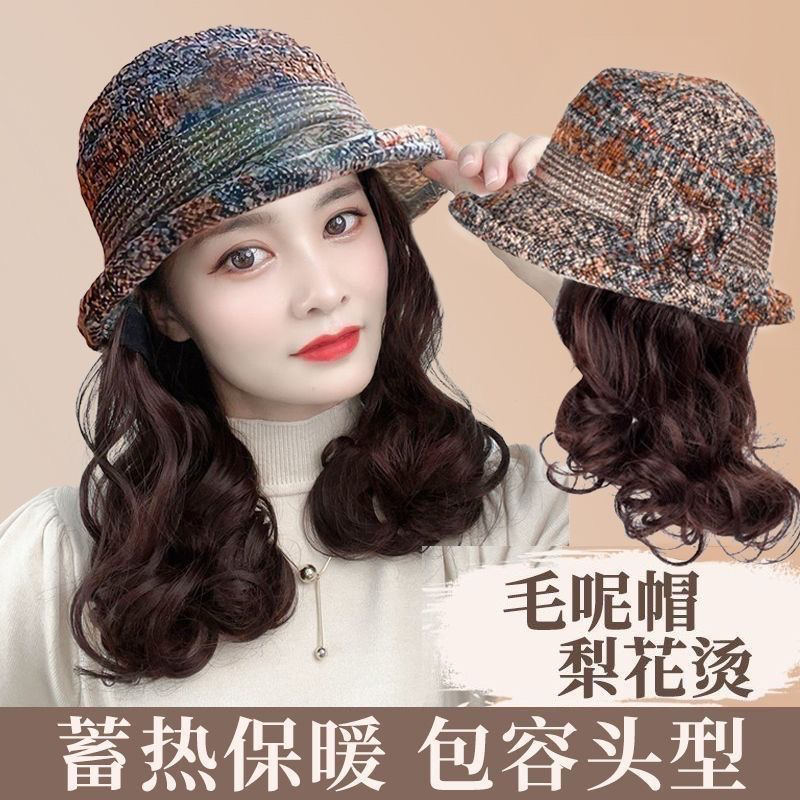 帽子短卷发秋冬时尚一体渔夫帽格子毛呢礼帽小短卷发网红一体帽