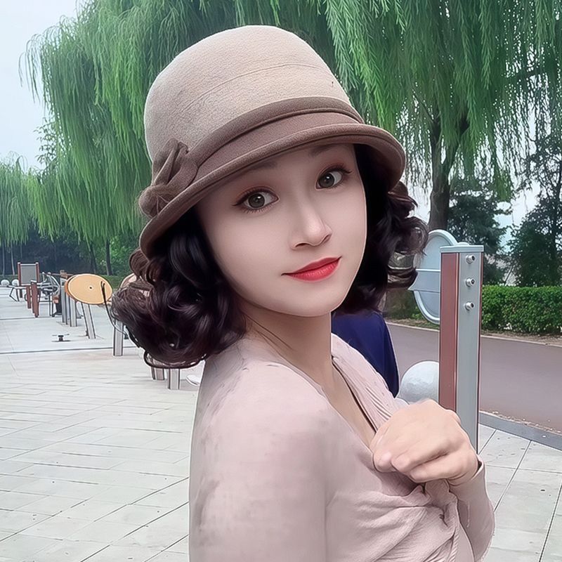 秋冬新款帽子假发女时尚外翻卷妈妈帽一体保暖加厚毛呢渔夫帽假发