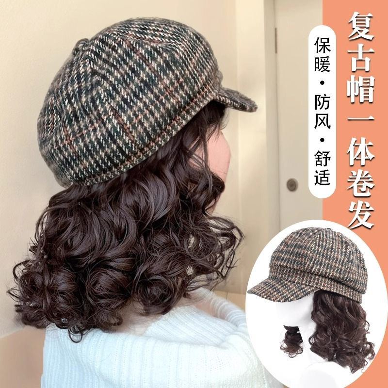 帽子假发一体女时尚千鸟格八角帽短卷发秋冬季百搭网红假发帽