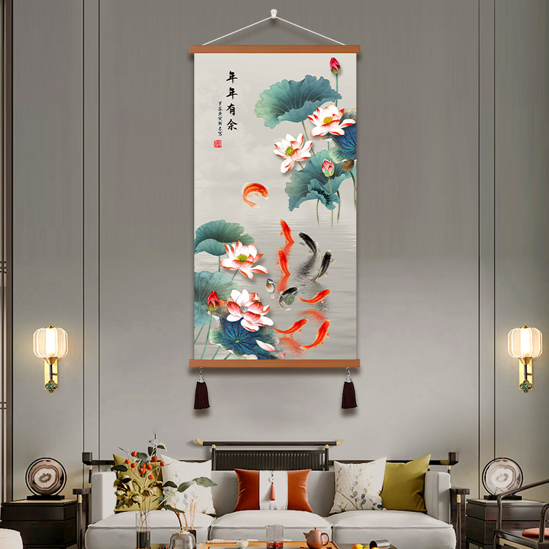 荷花鲤鱼茶室挂画九鱼图玄关画客厅卧室床头背景墙入户门正对墙