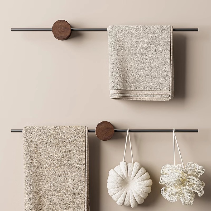 胡桃木毛巾架卫生间免打孔浴室一字极简毛巾挂杆单杆太空铝挂架子