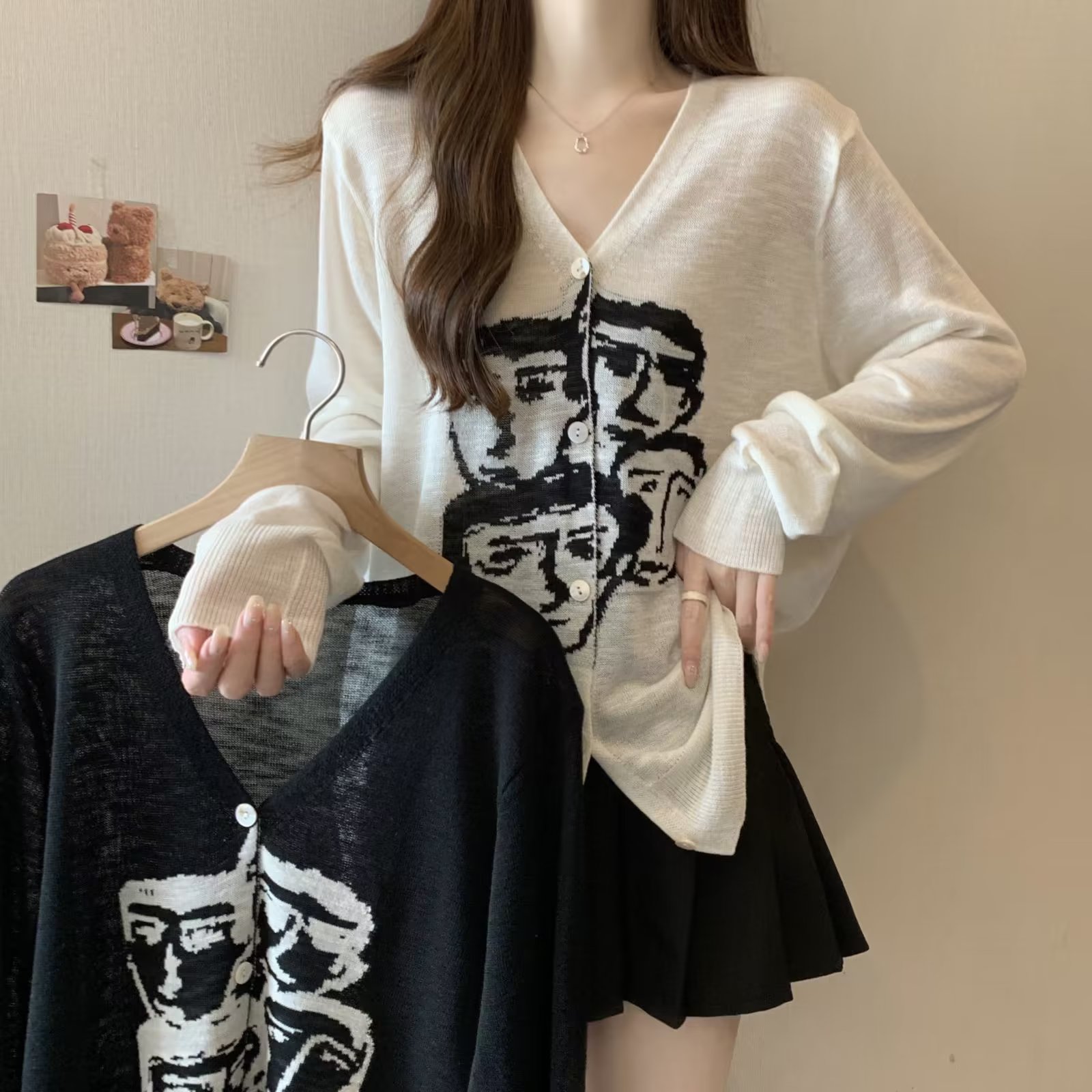 大码胖mm穿搭显瘦春季百搭长袖针织衫开衫时尚设计感女装上衣-861