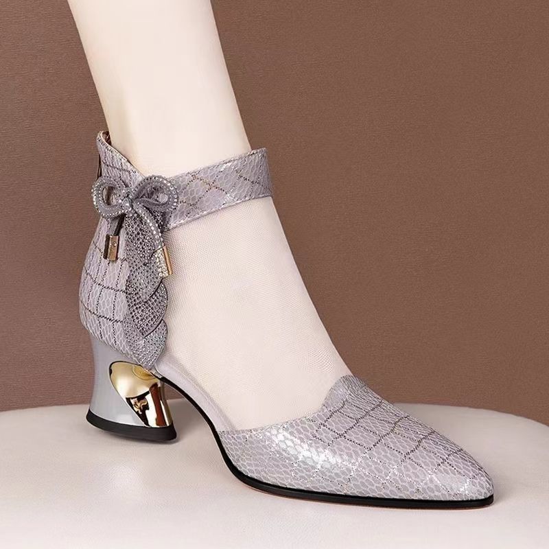 2025春夏爆款粗跟网靴女镂空中跟网纱凉鞋女新款时尚水钻凉靴女鞋