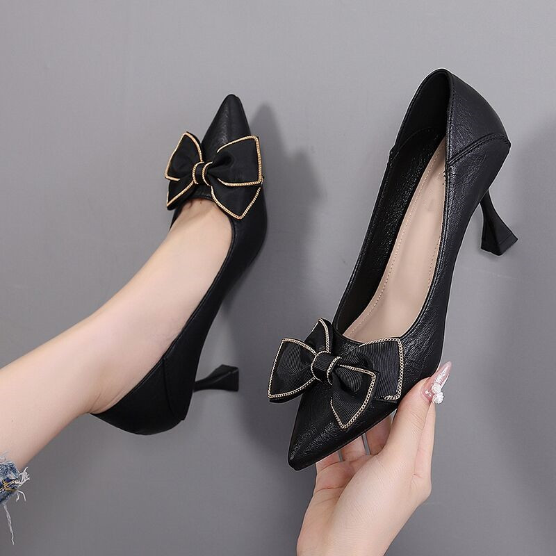 高跟鞋女春季新款百搭尖头法式气质宴会蝴蝶结软皮不磨脚细跟单鞋